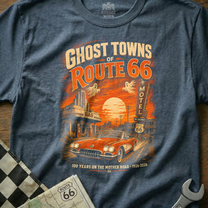 Ghost Towns of Route 66 design with vintage car, gas station, motel, and ghosts.