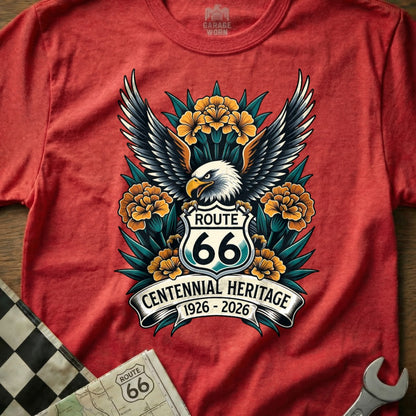 Eagle with wings spread over Route 66 shield, surrounded by flowers and text.