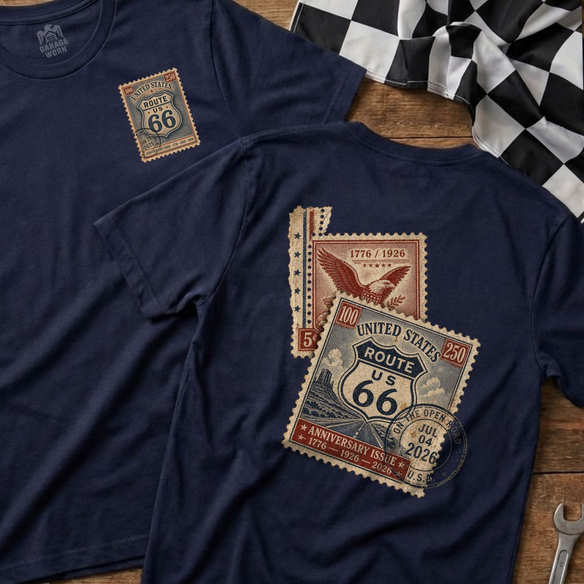 Navy t-shirts with US Route 66 anniversary stamp graphic.