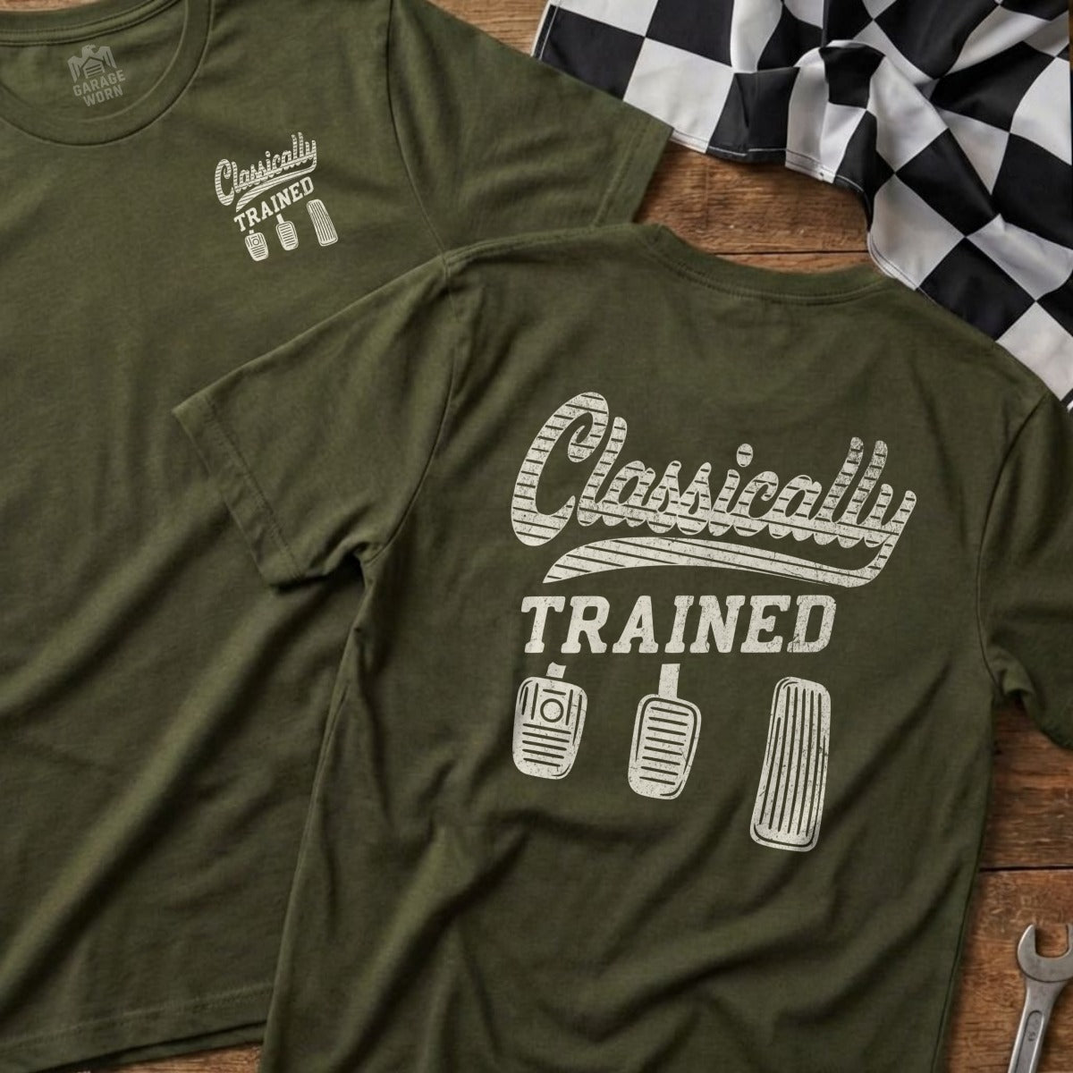 Olive t-shirt with "Classically TRAINED" and three pedals graphic.