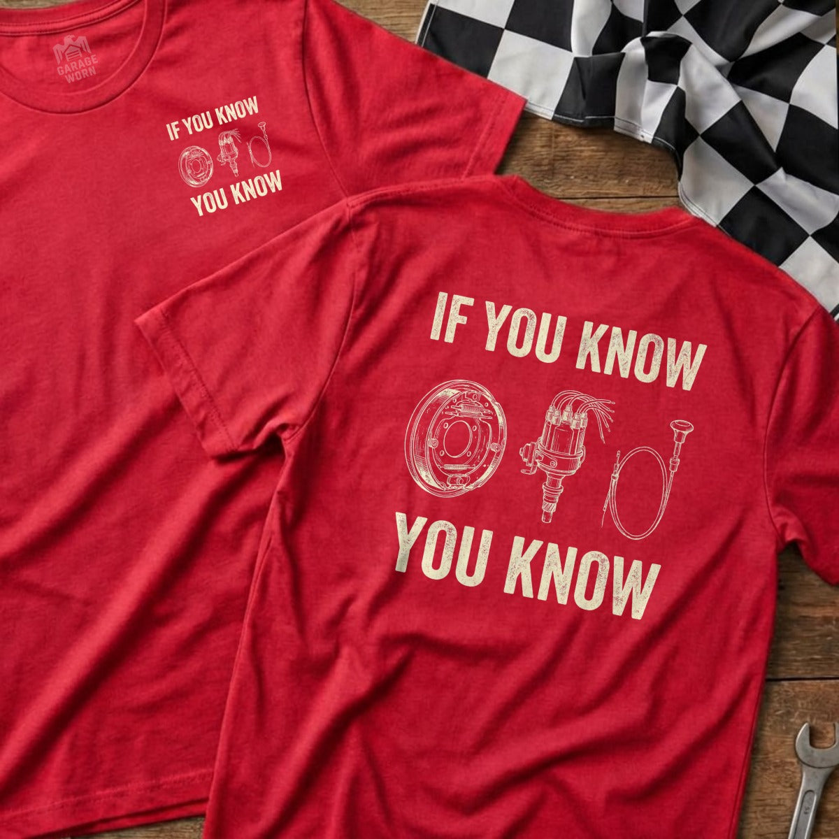 Red t-shirt with "If You Know You Know" and automotive part diagrams.