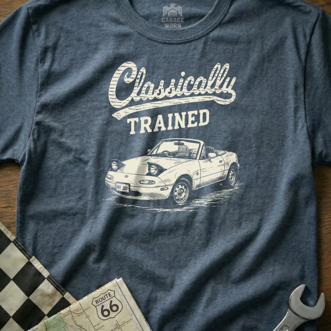 T-shirt with white "Classically TRAINED" text and a sketch of a white convertible car.