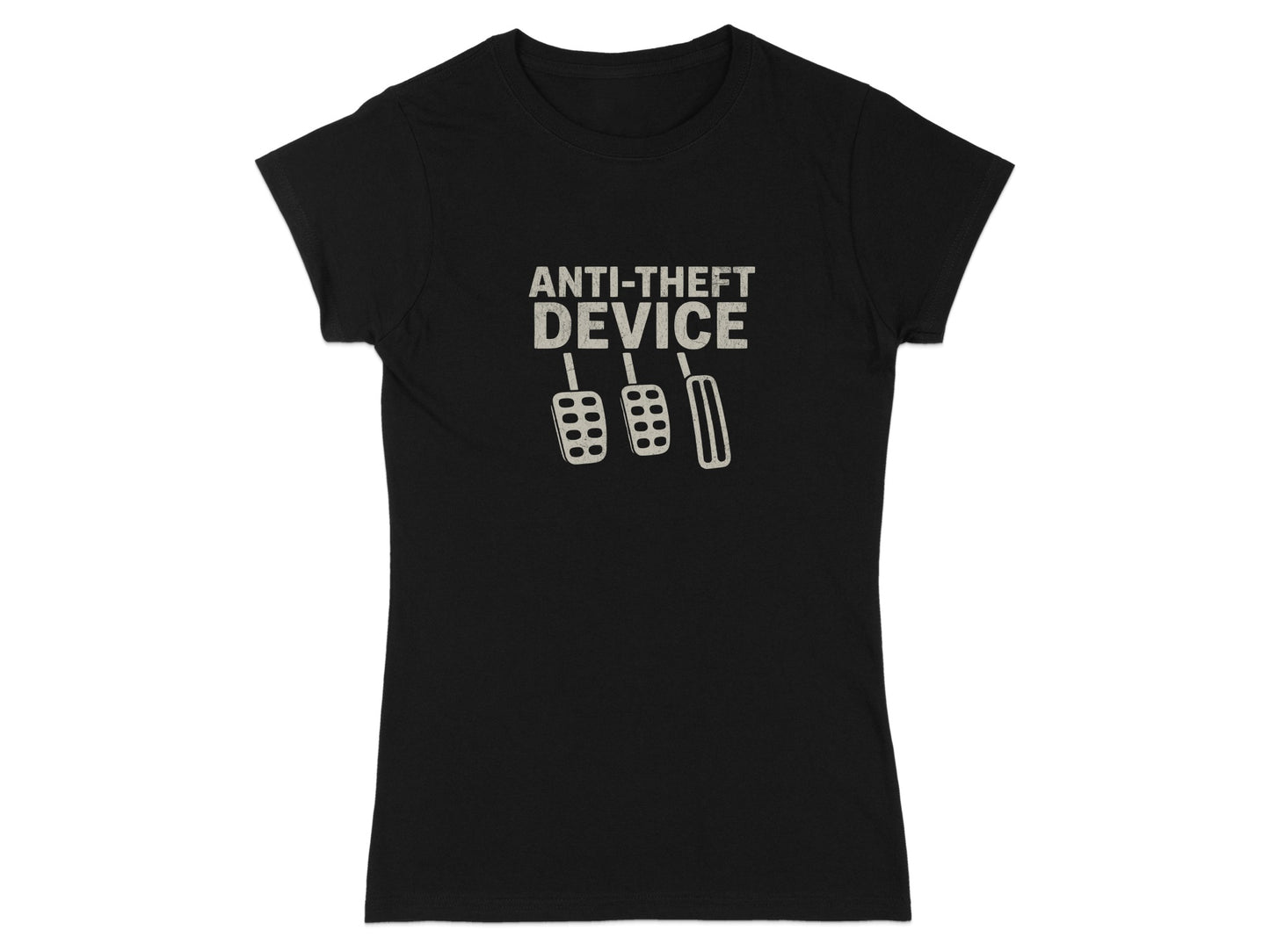 Black t-shirt with "ANTI-THEFT DEVICE" and car pedals graphic.
