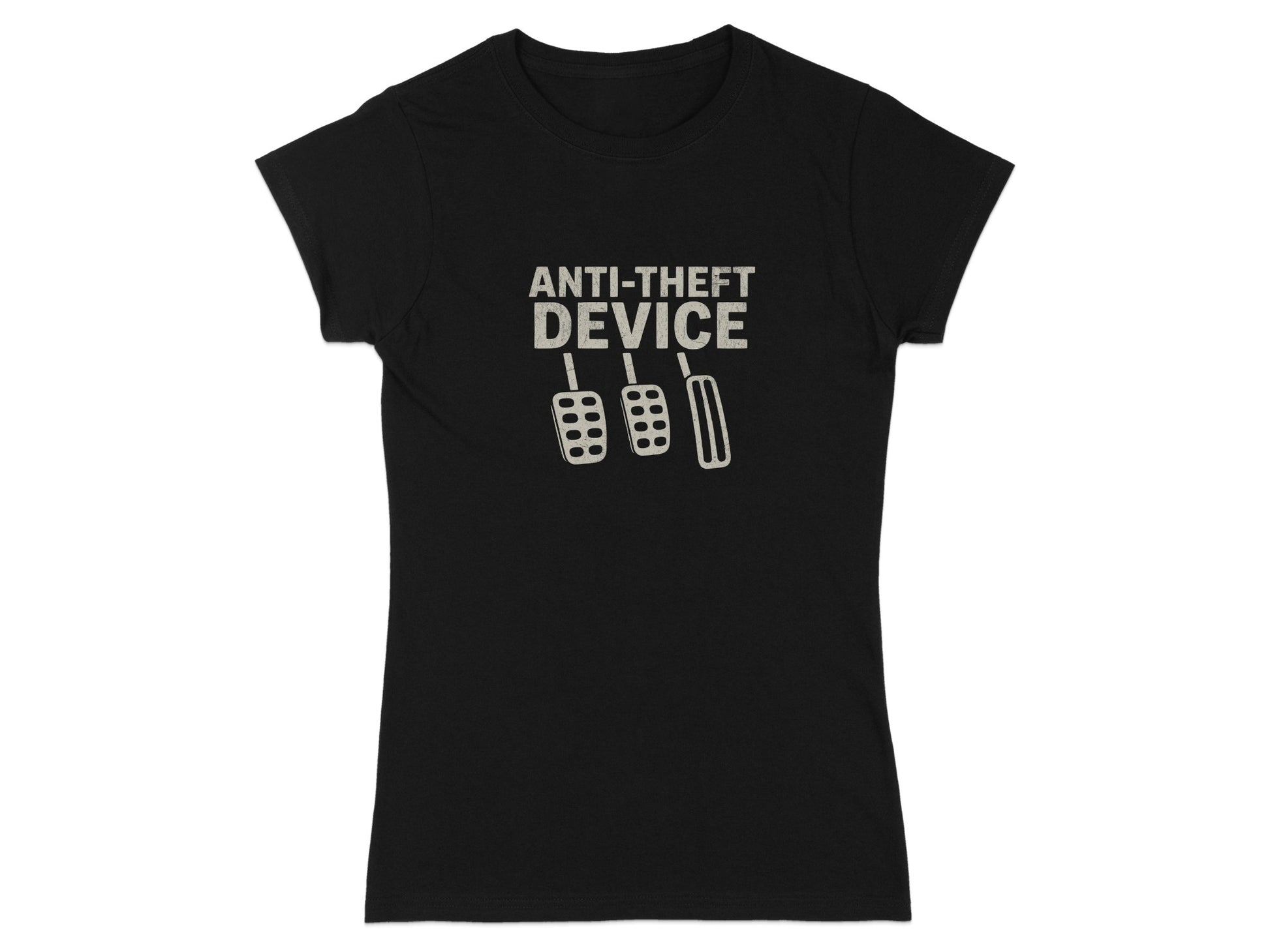 Black t-shirt with "ANTI-THEFT DEVICE" and car pedals graphic.