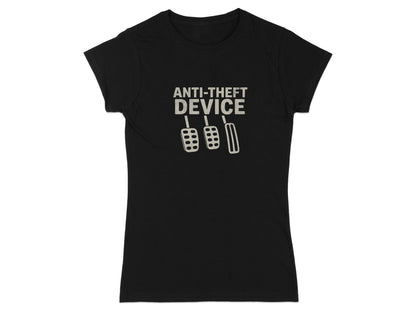Black t-shirt with "ANTI-THEFT DEVICE" and car pedals graphic.