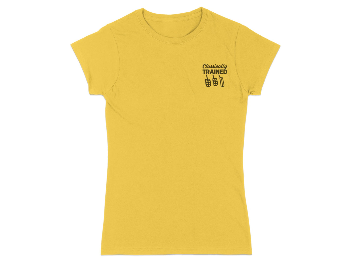 Yellow t-shirt with "Classically Trained" and pedal graphic.