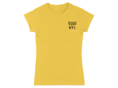 Yellow t-shirt with "Classically Trained" and pedal graphic.