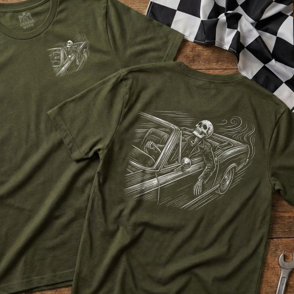 T-shirt with skeleton driving a classic car, "Garage Worn" logo.