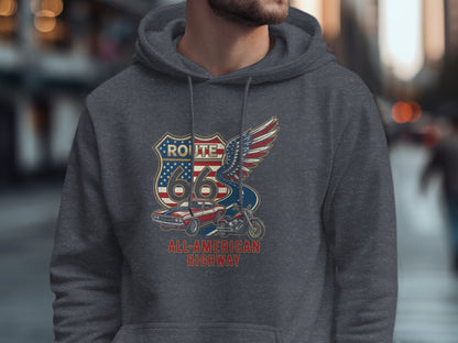 Dark gray hoodie featuring a Route 66 All-American Highway graphic with motorcycle and wings.