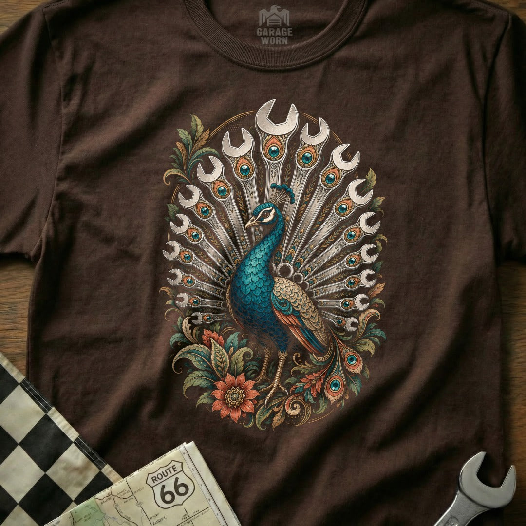 Brown t-shirt with a peacock design made of wrenches and floral accents.