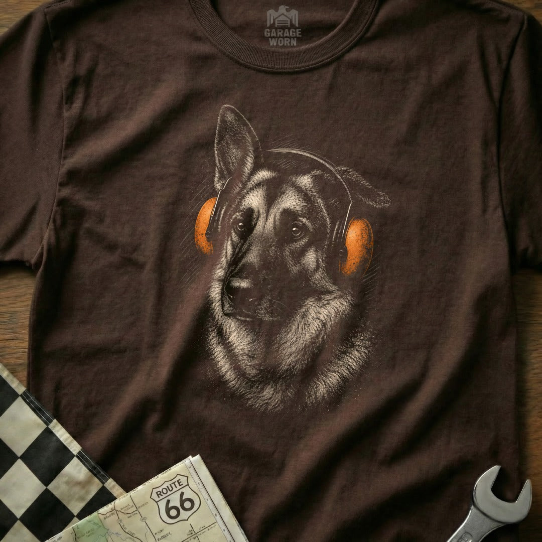 German Shepherd wearing orange headphones with "Garage Worn" logo.