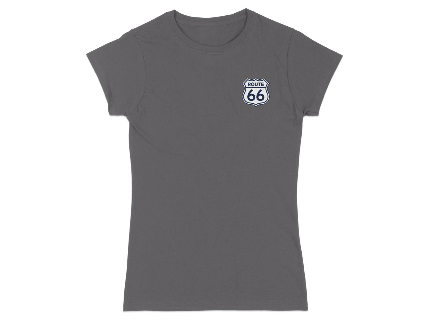 Gray t-shirt with Route 66 logo on the chest.