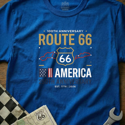 Blue t-shirt with Route 66 100th Anniversary 250th Anniversary design.