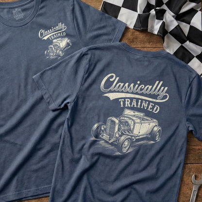T-shirt with "Classically Trained" text and vintage hot rod graphic.