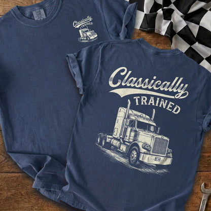 Navy t-shirt with "Classically TRAINED" and a vintage semi-truck graphic.