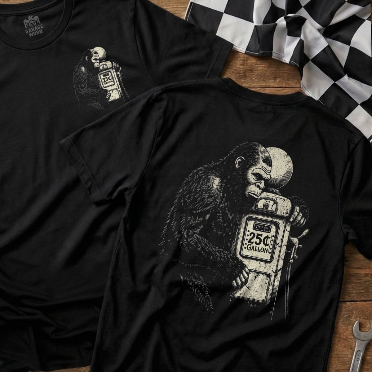 Black t-shirt with gorilla and gas pump graphic, "25¢ GALLON".