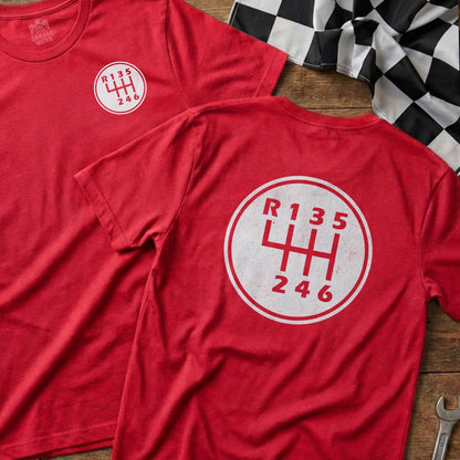 Red t-shirt with white circular gear shift pattern and numbers R135 246.