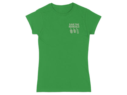 Green t-shirt with "SAVE THE MANUALS" and clutch, brake, gas pedals graphic.