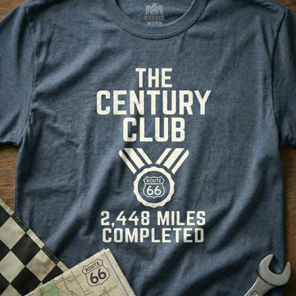 Navy t-shirt with "The Century Club Route 66 2,448 Miles Completed" text.