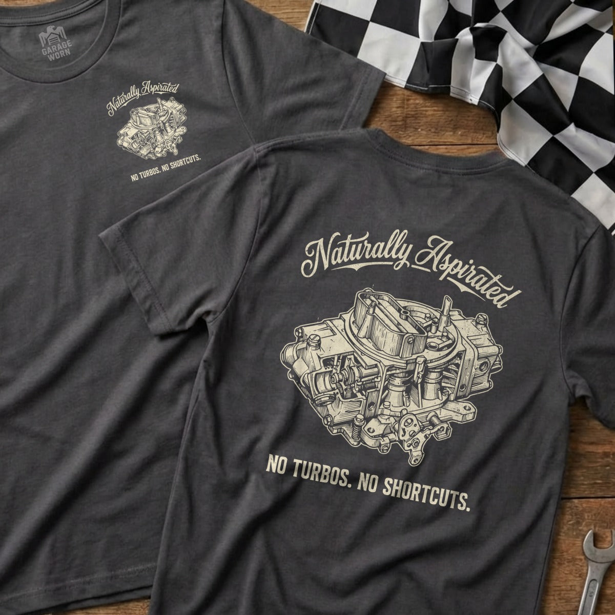 T-shirt with "Naturally Aspirated, NO TURBOS. NO SHORTCUTS." and carburetor graphic.