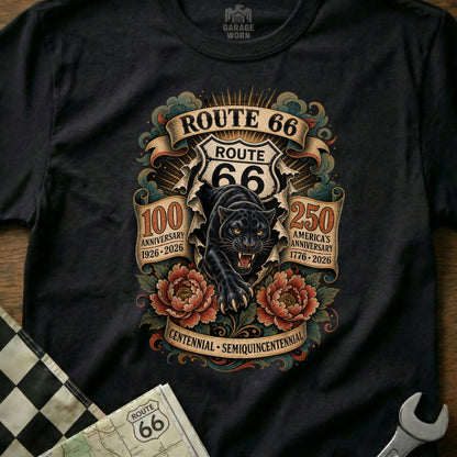 Black panther bursts through Route 66 logo with anniversary text and flowers.