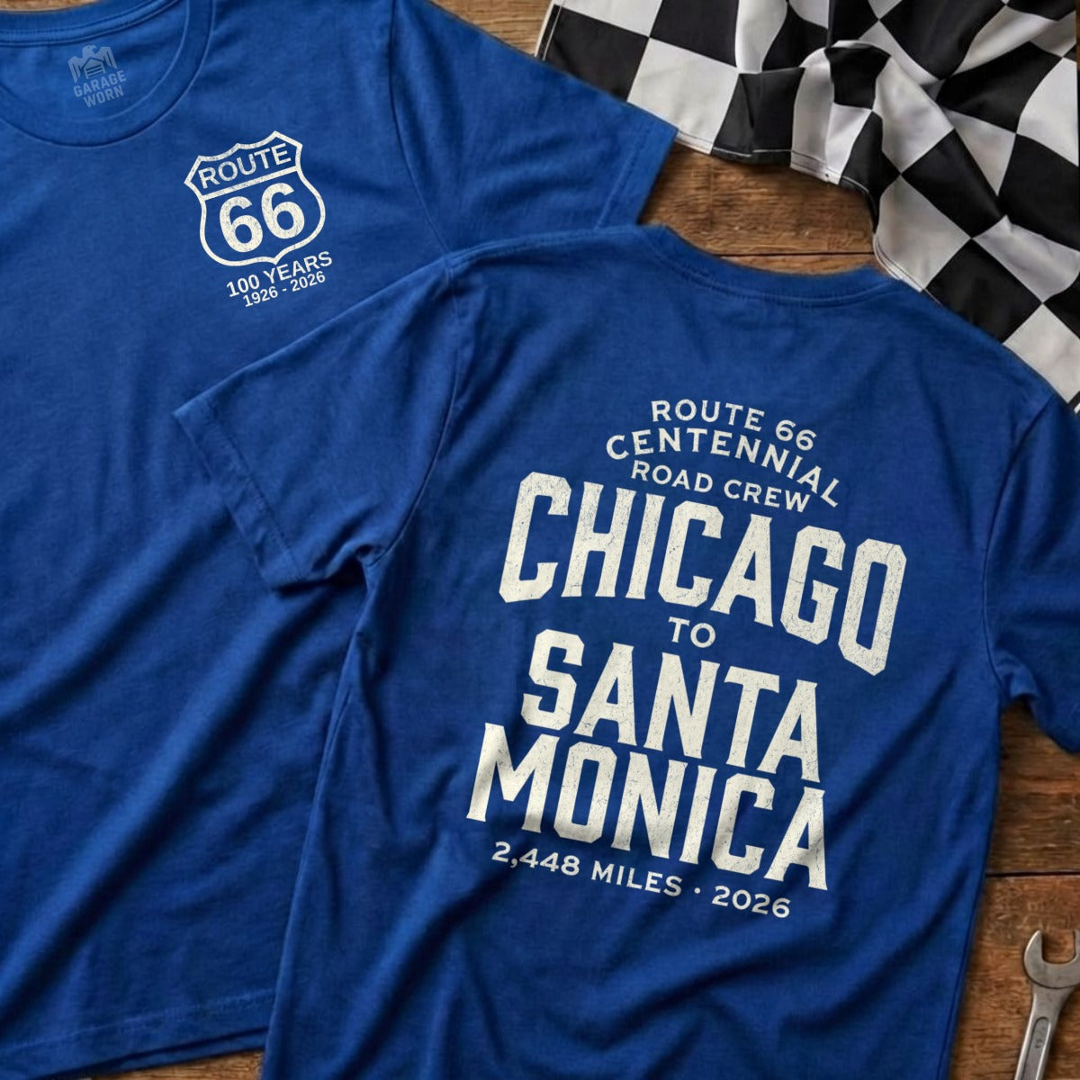 Blue t-shirts with Route 66 Centennial Road Crew Chicago to Santa Monica 2,448 miles text.