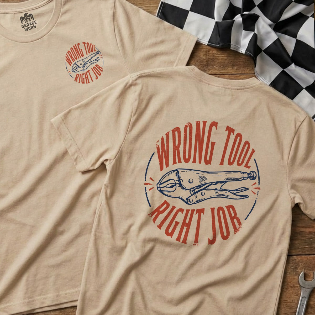 Tan t-shirt with circular "Wrong Tool Right Job" graphic featuring pliers.