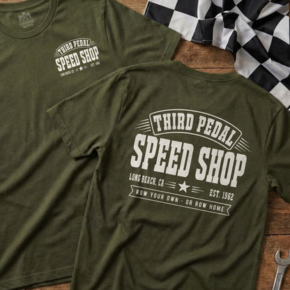 Olive green t-shirt with "Third Pedal Speed Shop" logo, Long Beach, CA.