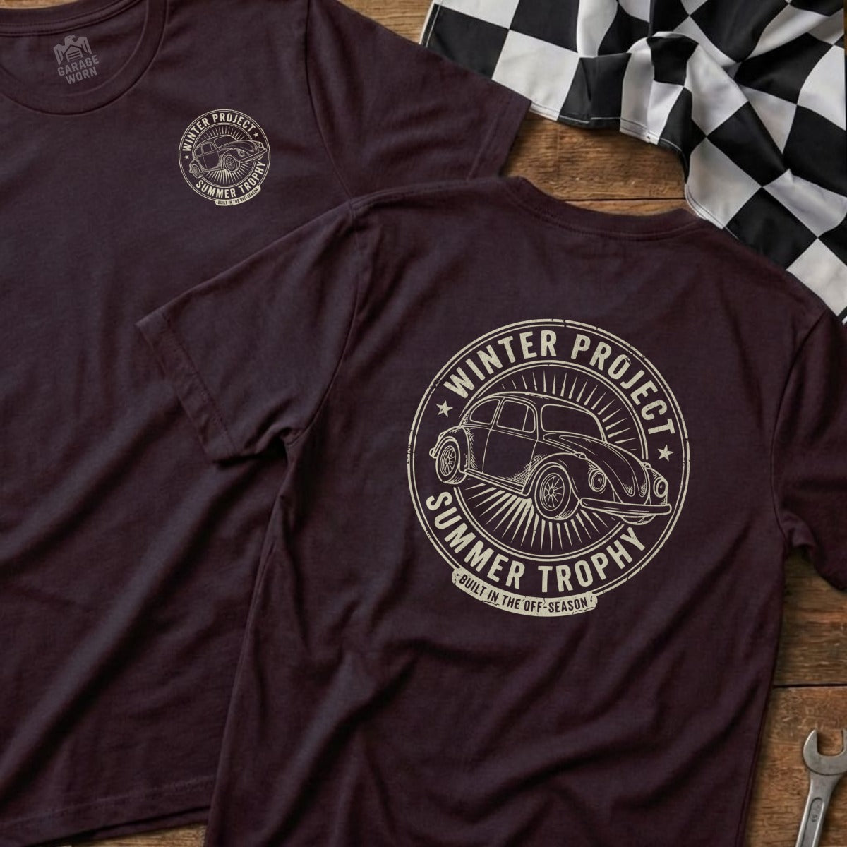 Maroon t-shirt with "Winter Project Summer Trophy" graphic and classic Beetle.