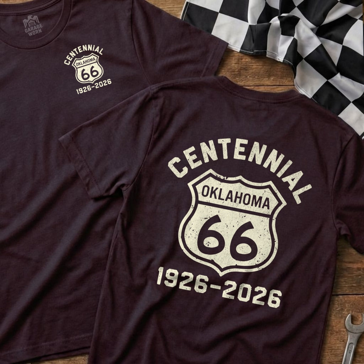 Maroon t-shirt with "Centennial Oklahoma 66 1926-2026" on back.