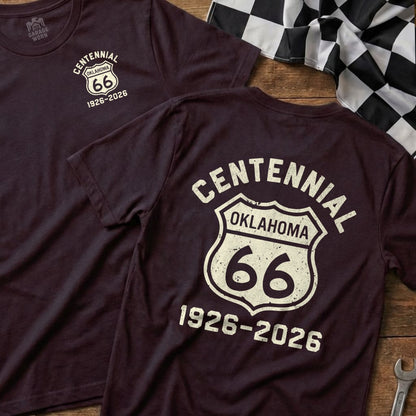 Maroon t-shirt with "Centennial Oklahoma 66 1926-2026" on back.
