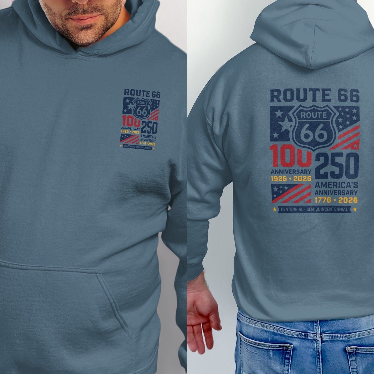 Route 66 hoodie with 100 and 250 anniversary graphics.
