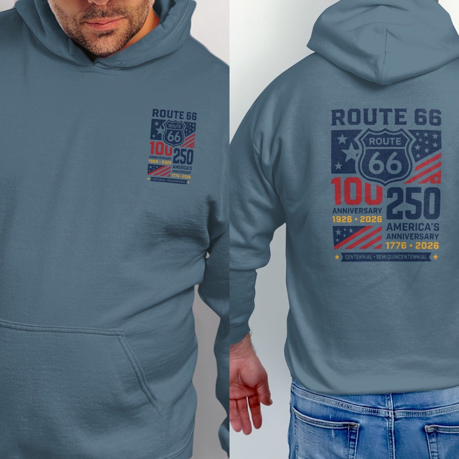 Route 66 hoodie with 100 and 250 anniversary graphics.