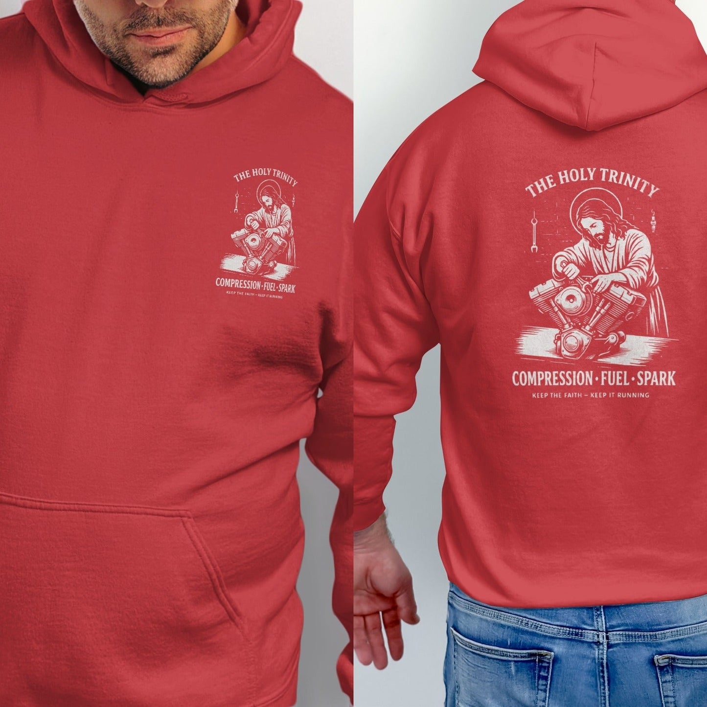 Red hoodie with Jesus working on a motorcycle engine graphic and text.