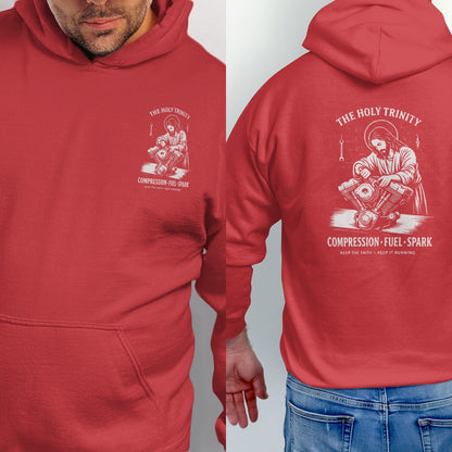 Red hoodie with Jesus working on a motorcycle engine graphic and text.