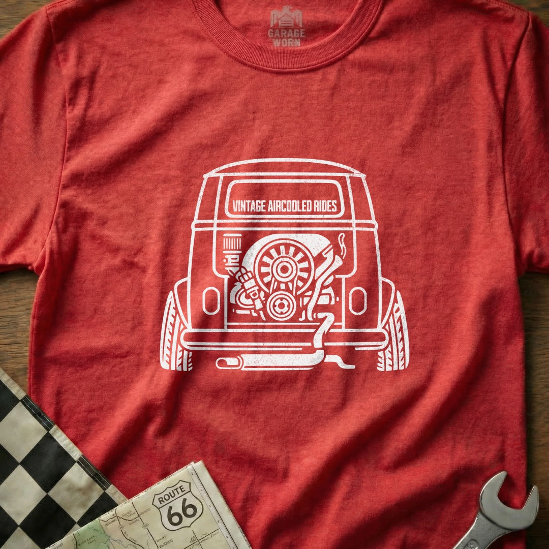 Red t-shirt with white graphic of a vintage Volkswagen bus engine and "Vintage Aircooled Rides" text.