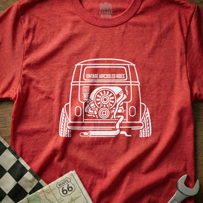 Red t-shirt with white graphic of a vintage Volkswagen bus engine and "Vintage Aircooled Rides" text.