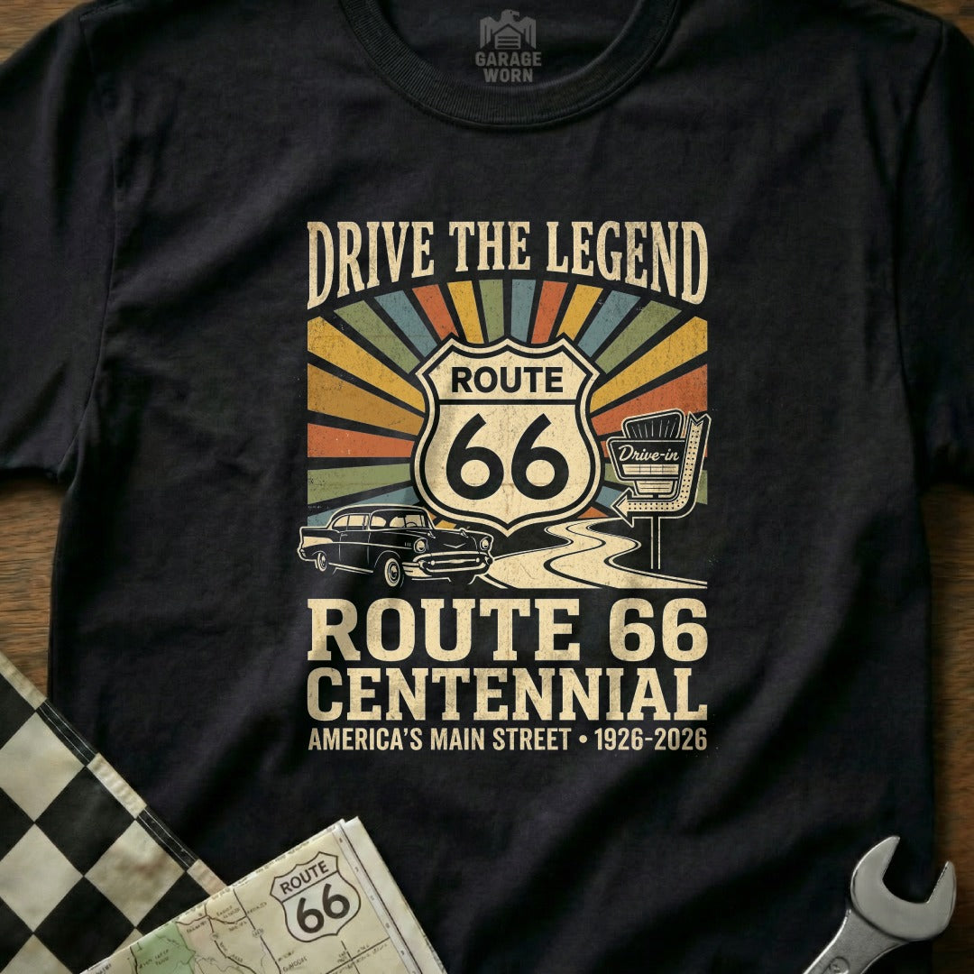 Route 66 Centennial graphic on a t-shirt with vintage car and drive-in.