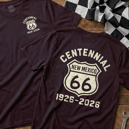 Maroon t-shirt with Route 66 Centennial New Mexico 1926-2026 design.