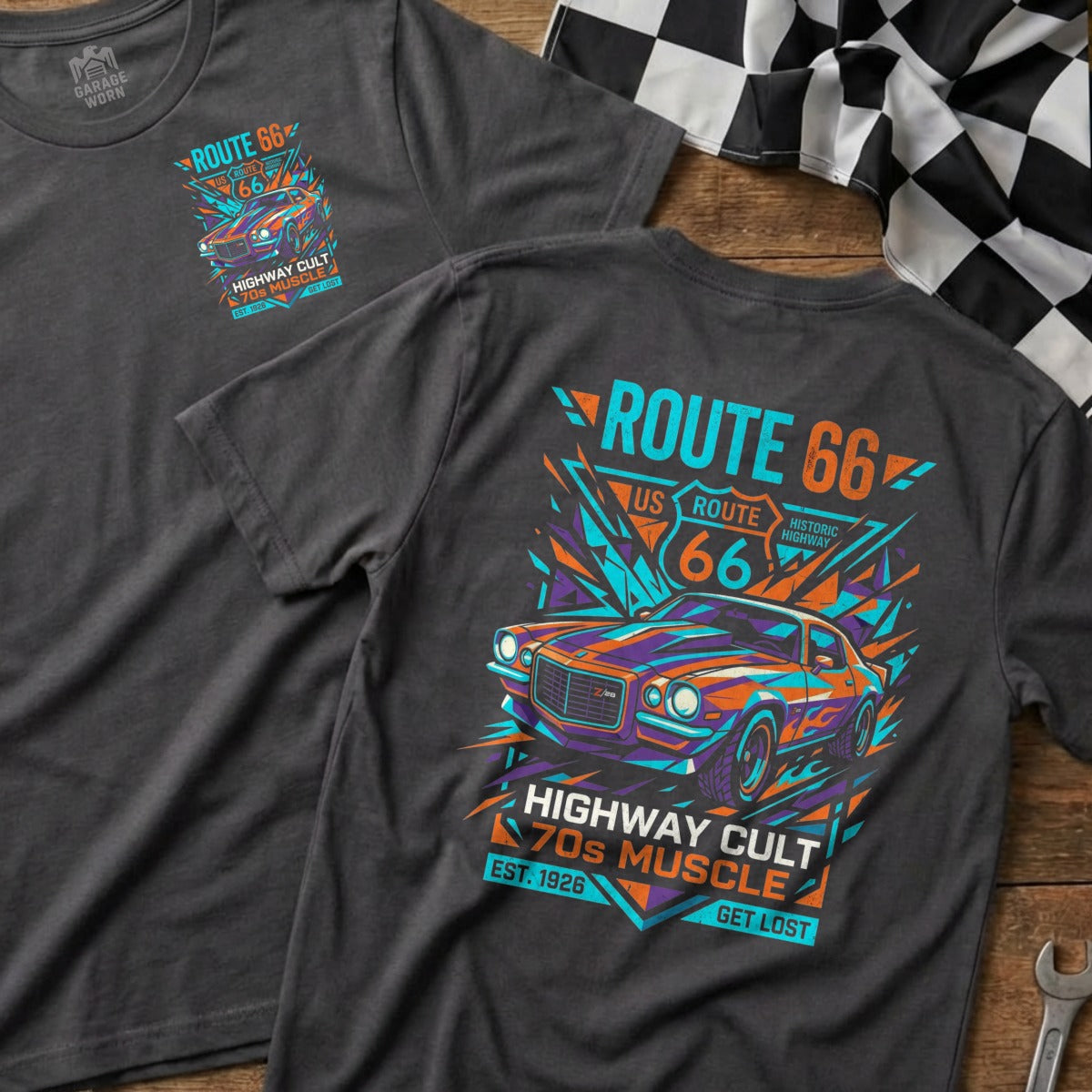 Dark t-shirt with Route 66 and 70s muscle car graphic.