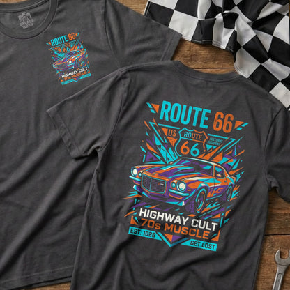 Dark t-shirt with Route 66 and 70s muscle car graphic.