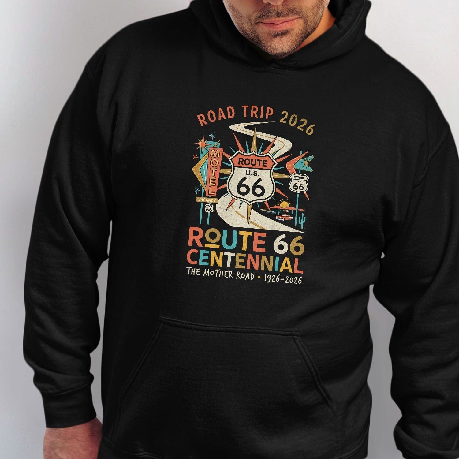 Black hoodie with Route 66 Centennial graphic celebrating the Mother Road 1926-2026.