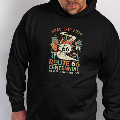 Black hoodie with Route 66 Centennial graphic celebrating the Mother Road 1926-2026.