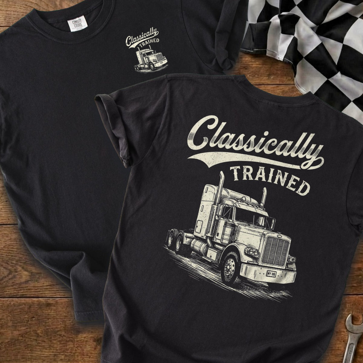Black t-shirt with vintage semi-truck graphic and "Classically Trained" text.