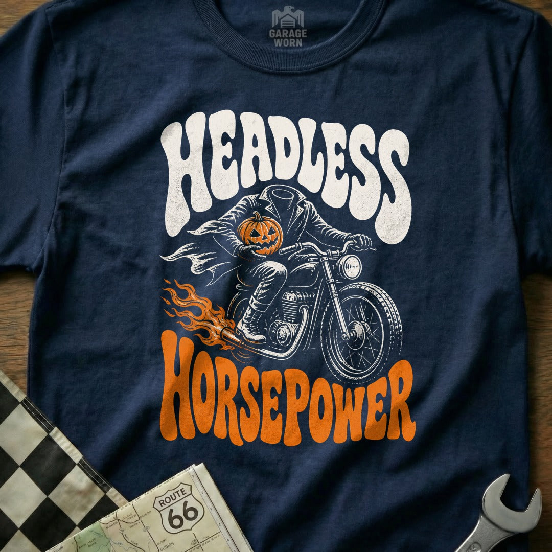 Navy t-shirt with "Headless Horsepower" graphic featuring a headless rider with a pumpkin and flaming exhaust.