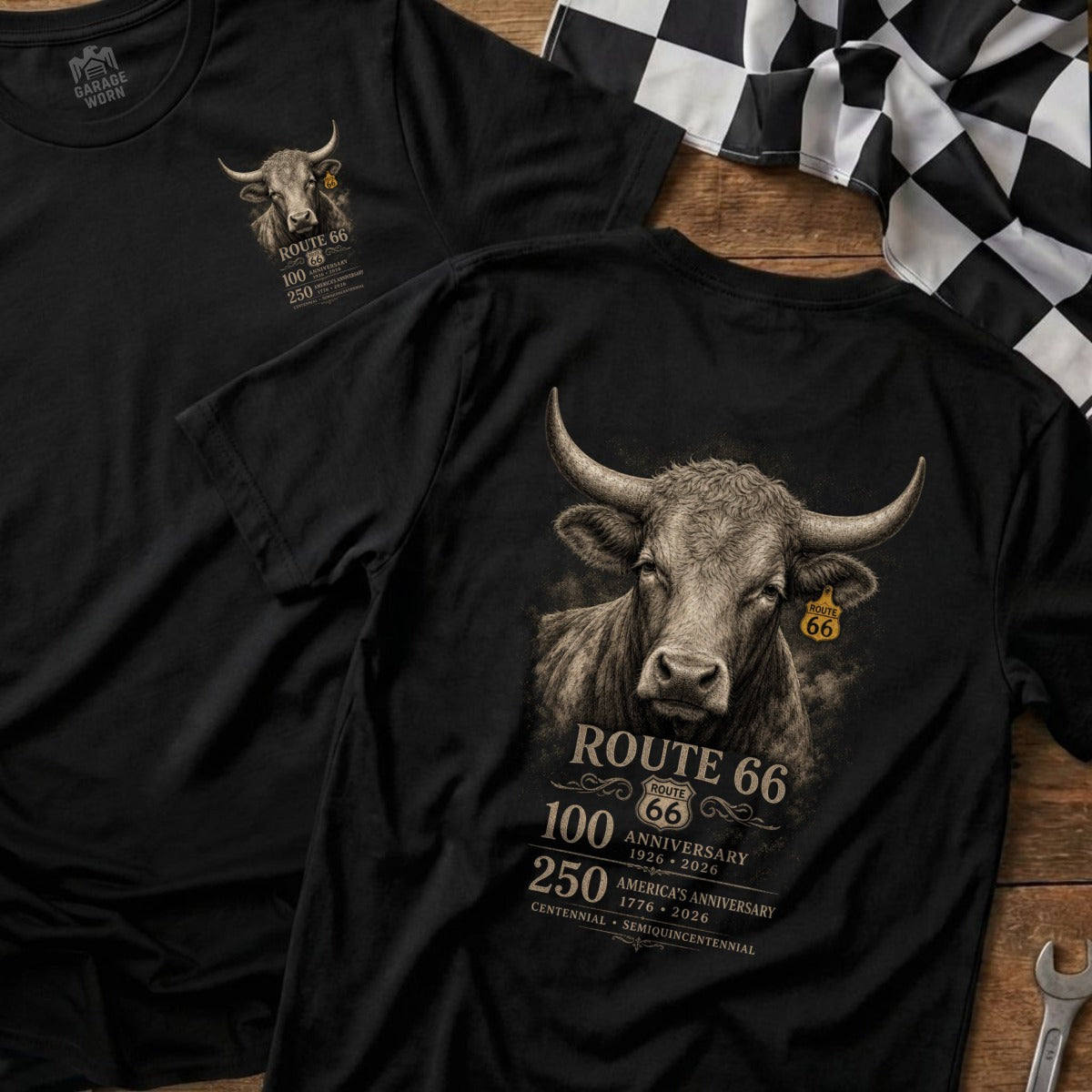Black t-shirt with Route 66 bull graphic, celebrating 100th and 250th anniversaries.
