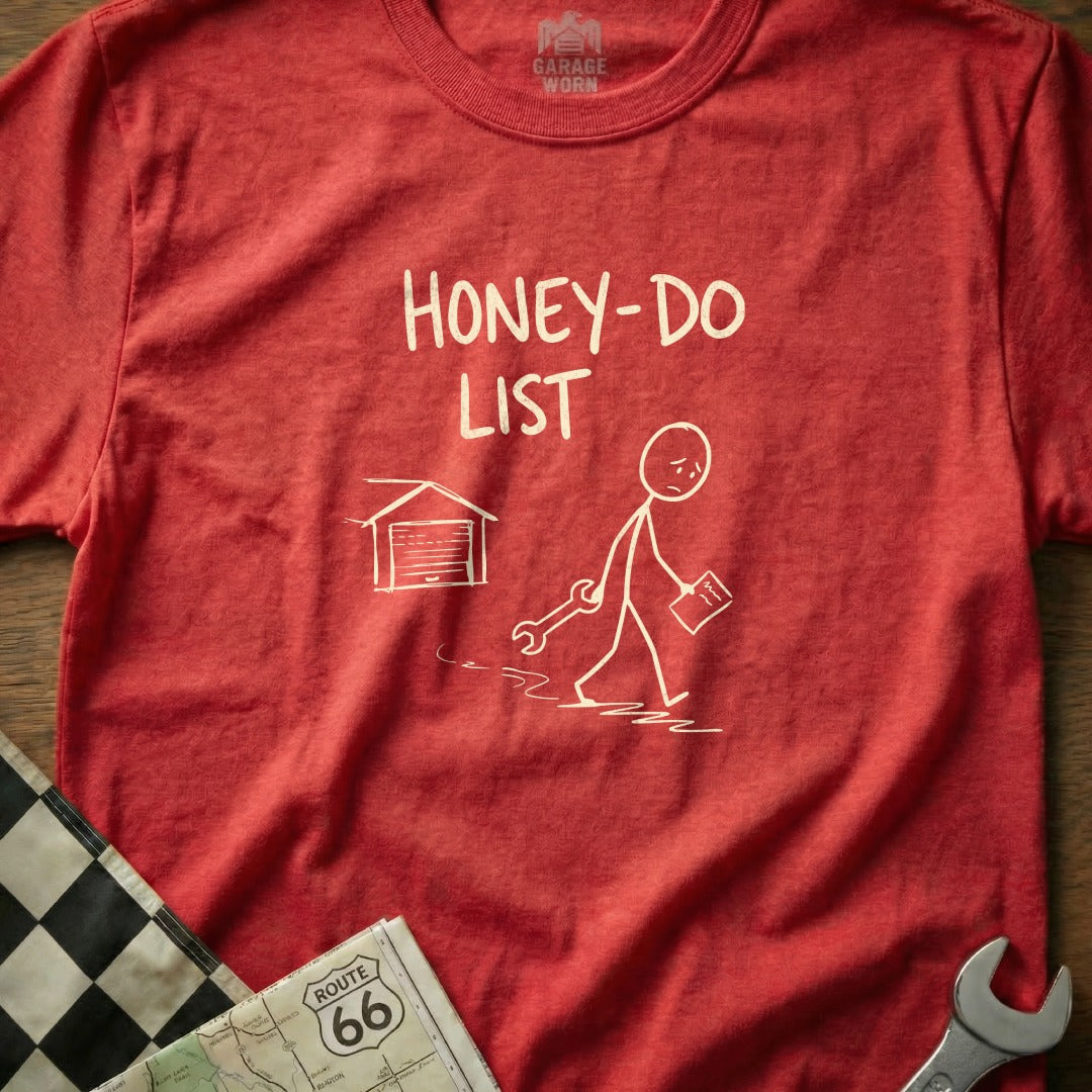 Red t-shirt with "HONEY-DO LIST" and a stick figure carrying a toolbox.