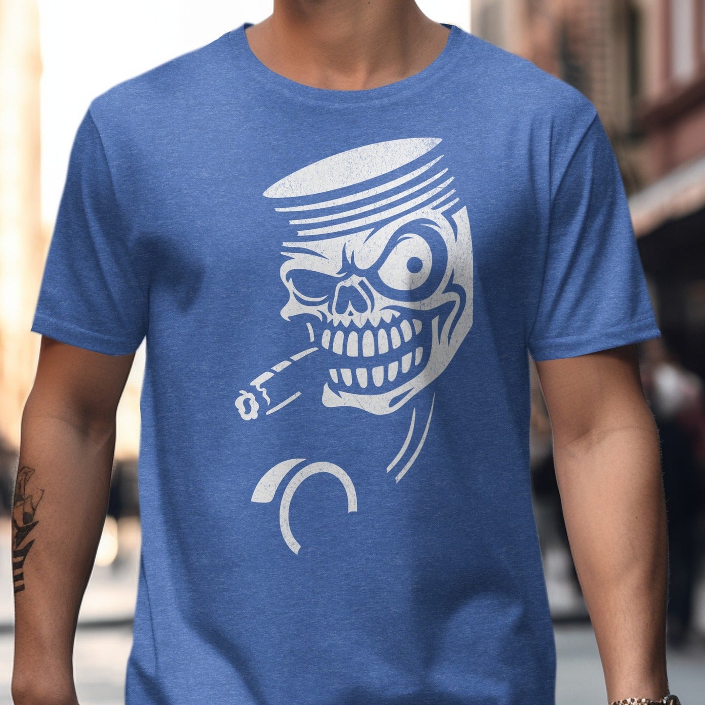 Blue T-shirt with Smoking Skull Design product type