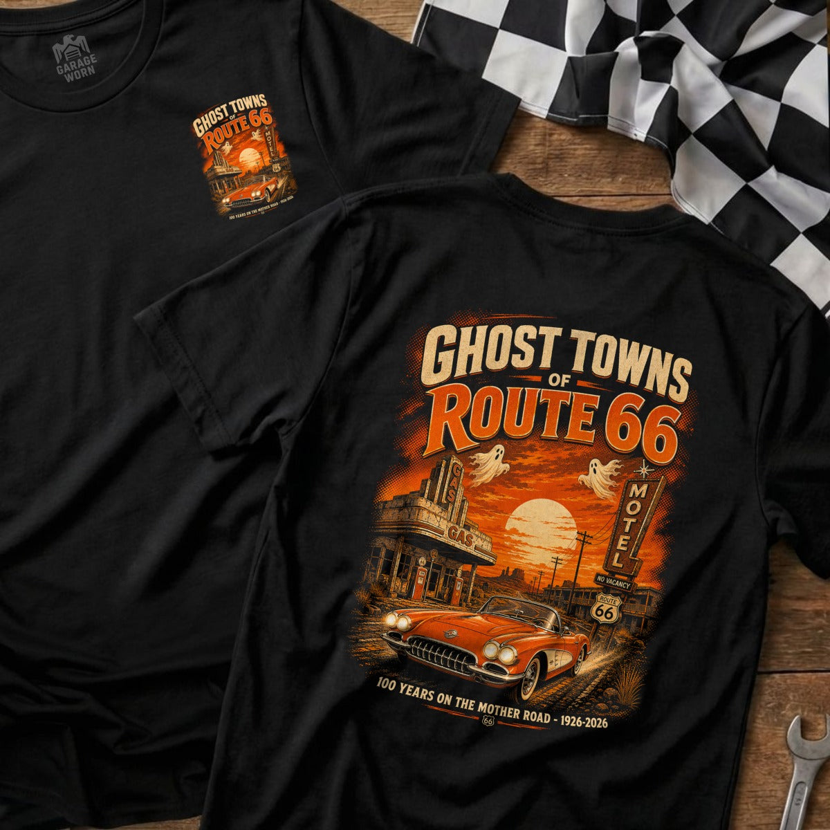 Black t-shirt with Route 66 ghost towns graphic, featuring a vintage car and gas station.