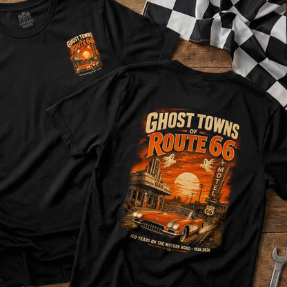 Black t-shirt with Route 66 ghost towns graphic, featuring a vintage car and gas station.